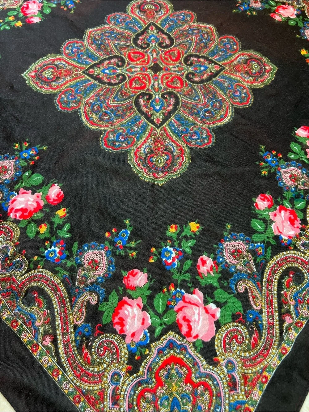 Floral Paisley Square Scarf - Black with Pink Roses Acrylic Made in Japan 29 sq